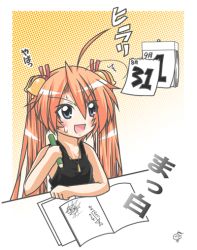 Rule 34 | 00s, 1girl, ahoge, artist request, bare arms, bare shoulders, bell, blue eyes, blush, book, breasts, calendar, drawing, green eyes, hair ornament, hair ribbon, hair up, heterochromia, jewelry, kagurazaka asuna, long hair, mahou sensei negima!, necklace, nervous, notebook, open book, open mouth, orange hair, pen, pencil, pendant, ponytail, ribbon, sitting, solo, studying, sweat, table, tank top, text focus, translation request, twintails, very long hair