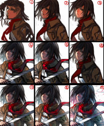 Rule 34 | 1girl, black hair, blood, blood on clothes, blood on face, blood splatter, bloody weapon, grey eyes, highres, holding, holding sword, holding weapon, how to, irohara mitabi, jacket, lips, long sleeves, making-of, mikasa ackerman, military, military uniform, numbered panels, parted lips, progression, red scarf, scarf, shingeki no kyojin, short hair, simple background, solo, strap, sword, unfinished, uniform, weapon, white background