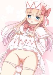 Rule 34 | 1girl, akizuki (akizuki71), blonde hair, blue eyes, blush, bow, bow panties, bowtie, capelet, cleft of venus, clothes lift, dress, dress lift, floral background, hat, highres, lily white, long hair, long sleeves, looking at viewer, open mouth, panties, panty pull, pink background, pink neckwear, pink panties, pussy, standing, touhou, underwear, white capelet, white dress, white headwear