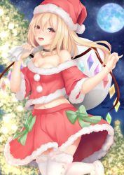 Rule 34 | 1girl, alternate costume, alternate headwear, arm up, bag, bare shoulders, black choker, blonde hair, blurry, bow, breasts, carrying over shoulder, choker, christmas, christmas tree, cleavage, cloud, collarbone, cowboy shot, crop top, depth of field, flandre scarlet, full moon, fur-trimmed legwear, fur-trimmed skirt, fur trim, hair between eyes, hat, highres, holding, holding bag, looking at viewer, medium breasts, midriff, moon, navel, neck bell, night, night sky, off shoulder, open mouth, outdoors, pinky out, red eyes, santa costume, santa hat, short hair, short sleeves, side ponytail, skirt, sky, solo, sonia (fetusdream), standing, standing on one leg, star (sky), starry sky, striped, striped bow, thighhighs, touhou, white footwear, white thighhighs, wings