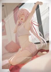 Rule 34 | 2girls, absurdres, air conditioner, arm up, armpits, backlighting, bare arms, bare legs, bed, blanket, blunt bangs, blurry, blurry foreground, border, breasts, commentary, crop top, hair between eyes, hair ribbon, highres, indoors, large breasts, light rays, long hair, looking at viewer, low ponytail, maid headdress, multiple girls, navel, nijisanji, one eye closed, open mouth, out of frame, outside border, peeking, photo (object), pillow, pink eyes, pink hair, pink shorts, red curtains, ribbon, rubbing eyes, shiina yuika, shorts, sidelocks, sitting, solo focus, stomach, stretching, swept bangs, tank top, virtual youtuber, waking up, wariza, white border, white tank top, window, window shadow, wire, yawning, yokochy