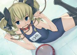 Rule 34 | 10s, 1girl, akechi kokoro, bdsm, blonde hair, blue eyes, bowl, collar, harmaline, leash, mouth hold, one-piece swimsuit, pet bowl, pet play, school swimsuit, solo, swimsuit, tantei opera milky holmes, thighhighs, twintails