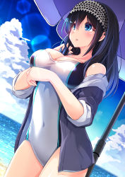 Rule 34 | 1girl, absurdres, bare legs, beach, beach umbrella, black hair, black jacket, blue eyes, blue sky, breasts, cleavage, cloud, collarbone, commentary request, competition swimsuit, covered navel, cowboy shot, day, dutch angle, hairband, hand in own hair, highres, idolmaster, idolmaster cinderella girls, jacket, large breasts, lens flare, natsu (anta tte hitoha), ocean, one-piece swimsuit, outdoors, parted lips, sagisawa fumika, sky, solo, swimsuit, umbrella