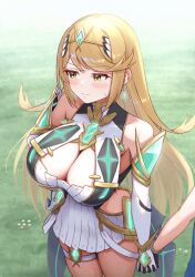 Rule 34 | absurdres, blonde hair, breasts, cleavage, highres, holding hands, large breasts, mythra (xenoblade), rex (xenoblade), taro (peach taro51), tsundere, xenoblade chronicles (series), xenoblade chronicles 2