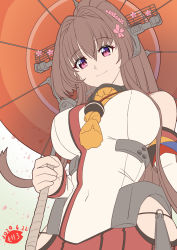 Rule 34 | 1girl, breasts, brown hair, dated, detached sleeves, flower, hair flower, hair ornament, headgear, kantai collection, large breasts, long hair, looking at viewer, looking down, moke ro, oil-paper umbrella, one-hour drawing challenge, pink eyes, ponytail, red umbrella, smile, umbrella, yamato (kancolle)