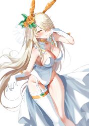 Rule 34 | 1girl, animal ears, blonde hair, blush, bow, breasts, cleavage, copyright request, extra ears, fake animal ears, feet out of frame, flower, garter straps, glove bow, gloves, hair flower, hair ornament, hair over one eye, highres, large breasts, leotard, long hair, looking at viewer, orange bow, orange flower, parted lips, playboy bunny, rabbit ears, simple background, single garter strap, single thighhigh, smile, solo, strapless, strapless leotard, thighhighs, white background, white gloves, white thighhighs, yampa, yellow eyes