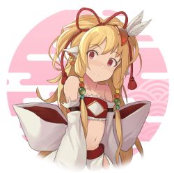 Rule 34 | 1girl, animal ears, bandeau, bare shoulders, beads, blonde hair, blush, closed mouth, collarbone, detached sleeves, empty eyes, feather hair ornament, feathers, granblue fantasy, hair beads, hair ornament, harvin, hinami (hinatamizu), long hair, looking at viewer, mahira (granblue fantasy), navel, red eyes, solo, upper body, very long hair