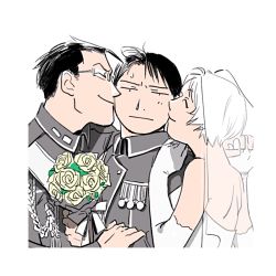 Rule 34 | 1girl, 2boys, 2cko, aiguillette, amestris military uniform, backless dress, backless outfit, bisexual male, black hair, border, bouquet, boy and girl sandwich, closed eyes, closed mouth, collared jacket, commentary request, dress, elbow gloves, expressionless, flower, from side, fullmetal alchemist, glasses, gloves, gracia hughes, grey jacket, hand on another&#039;s arm, hand on another&#039;s shoulder, happy, holding, holding bouquet, holding hands, husband and wife, interlocked fingers, jacket, jewelry, kiss, kissing cheek, leaf, looking at viewer, maes hughes, medal, messy hair, military, military uniform, multiple boys, nervous, profile, ring, rose, roy mustang, sandwiched, sash, short hair, smile, strapless, strapless dress, sweatdrop, uniform, veil, wedding dress, white border, white dress, white gloves, yellow flower, yellow rose