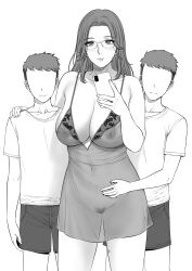 Rule 34 | 1girl, 2boys, blush, breasts, camisole, closed mouth, covered erect nipples, covered navel, faceless, faceless male, female pubic hair, glasses, greyscale, hand on another&#039;s shoulder, hand on another&#039;s stomach, highres, holding, holding phone, large breasts, light smile, long hair, looking at viewer, mature female, monochrome, multiple boys, navel, nipples, original, phone, pubic hair, see-through, shirt, shorts, smile, xter