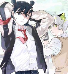 Rule 34 | 2boys, aged up, animal ears, black eyes, black hair, bright pupils, brown sweater vest, cat boy, cat ears, collared shirt, commentary, double bun, green eyes, hair bun, highres, holding, holding phone, jacket, looking at viewer, luo xiaohei, luo xiaohei (human), luo xiaohei zhanji, medium hair, multiple boys, necktie, nezha (the legend of luoxiaohei), phone, red neckwear, shirt, shirt tucked in, short hair, sweater vest, symbol-only commentary, upper body, white hair, white pupils, white shirt, yapnaso