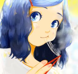 Rule 34 | 1girl, :t, blue eyes, blue hair, blush, chopsticks, close-up, commentary request, eating, food, hair ornament, hairclip, highres, holding, holding chopsticks, long hair, looking at viewer, nail polish, noodles, pink nails, sako (35s 00), shirt, smile, solo, steam, white shirt