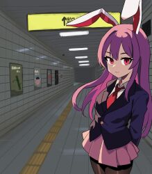 Rule 34 | 1girl, absurdres, animal ears, black jacket, blazer, buttons, collared shirt, highres, jacket, kv-san, long hair, long sleeves, necktie, pink skirt, pleated skirt, purple hair, rabbit ears, rabbit girl, red eyes, red necktie, reisen udongein inaba, shirt, skirt, the exit 8, touhou, very long hair, white shirt