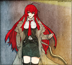 Rule 34 | 1girl, belt, breasts, cigarette, coat, copyright request, expressionless, garter straps, large breasts, laurelcrown, loliel, long hair, miniskirt, necktie, pencil skirt, red eyes, red hair, shirt, skirt, solo, thighhighs, trench coat, very long hair, vest, zettai ryouiki