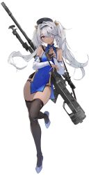 Rule 34 | 1girl, anti-materiel rifle, beret, black hat, black thighhighs, blue dress, blue footwear, bolt action, breasts, china dress, chinese clothes, commission, covered navel, dark-skinned female, dark skin, detached sleeves, dress, eyepatch, full body, girls&#039; frontline, grey eyes, gun, hair between eyes, harenchi, hat, highres, hs.50 (girls&#039; frontline), hs.50 (sigh of the waterfront pine) (girls&#039; frontline), jewelry, leg up, long hair, looking at viewer, medium breasts, multiple rings, pelvic curtain, rifle, ring, simple background, skeb commission, skindentation, sniper rifle, solo, steyr hs .50, thighhighs, twintails, weapon, white background