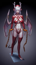 Rule 34 | 1girl, absurdres, albino, black lips, breasts, bridal gauntlets, chain, closed mouth, collar, collarbone, colored eyelashes, colored skin, cuffs, demon girl, demon horns, demon wings, fingernails, full body, gradient background, groin, highleg, highleg panties, highres, horns, large breasts, lips, looking at viewer, maruyama rui, medium hair, midriff, navel, navel piercing, original, panties, piercing, pointy ears, red collar, red eyes, red panties, red thighhighs, ribs, sharp fingernails, sharp toenails, shrug (clothing), smile, solo, spikes, standing, thighhighs, toenails, underwear, veins, white hair, white horns, white skin, wing piercing, wings
