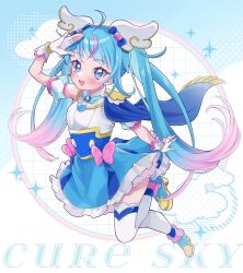 Rule 34 | 1girl, ahoge, blue eyes, blue hair, blue skirt, blush, bow, brooch, cape, commentary, cure sky, detached sleeves, fingerless gloves, full body, gloves, highres, hirogaru sky! precure, jewelry, magical girl, pink bow, precure, puffy detached sleeves, puffy sleeves, single sidelock, skirt, smile, solo, sora harewataru, thighhighs, twintails, two-sided cape, two-sided fabric, wata meuko, white gloves, white thighhighs, wing brooch, wing hair ornament, zettai ryouiki