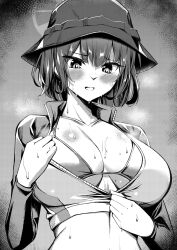Rule 34 | 1girl, absurdres, bikini, blue archive, blush, breasts, cleavage, collarbone, commentary request, cropped jacket, greyscale, hair between eyes, halo, hat, highres, large breasts, long sleeves, looking at viewer, midriff, monochrome, official alternate costume, saki (blue archive), saki (swimsuit) (blue archive), short hair, sidelocks, simple background, solo, swimsuit, undressing, wet, yoshimoto (carpsukidayo), zipper