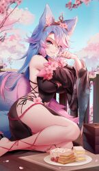 Rule 34 | 1girl, animal ear fluff, animal ears, black dress, blue eyes, blue hair, breasts, cherry blossom print, cherry blossoms, cleavage, clothing cutout, commentary, detached sleeves, dress, floral print, food, highres, indie virtual youtuber, large breasts, long hair, looking at viewer, multicolored hair, multicolored tail, navel cutout, pink hair, pink tail, rimuu, sandwich, silvervale, silvervale (sakura goddess), sitting, solo, tail, tiara, virtual youtuber, wolf ears, wolf girl, wolf tail