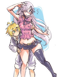 Rule 34 | 10s, 1boy, 1girl, bare arms, black thighhighs, blonde hair, blue eyes, blush, grabbing another&#039;s breast, breasts, earrings, elizabeth liones, genkillua, grabbing, highres, jewelry, long hair, medium breasts, meliodas, midriff, miniskirt, nanatsu no taizai, navel, one eye covered, parted lips, silver hair, simple background, single thighhigh, skirt, thighhighs