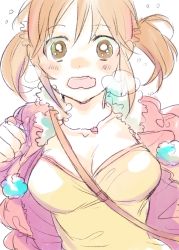 Rule 34 | 10s, 1girl, bad id, bad pixiv id, breasts, brown hair, heavy breathing, idolmaster, idolmaster cinderella girls, jacket, jewelry, large breasts, mikrmc, necklace, open mouth, sketch, solo, totoki airi, twintails, wavy mouth