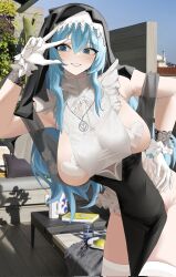 Rule 34 | 1girl, alternate costume, blue eyes, blue hair, breasts, contrapposto, gloves, goddess of victory: nikke, grin, habit, hair between eyes, hand on own hip, helm (nikke), highres, hip vent, large breasts, light blush, long hair, nun, phantasmaliagon, sideboob, smile, solo, thighhighs, w, w over eye, white gloves