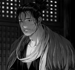 Rule 34 | 1boy, beard, closed mouth, facial hair, greyscale, highres, indoors, looking at viewer, male focus, monochrome, ponytail, sekiro, sekiro: shadows die twice, short hair, solo, ssanghwa tang1, upper body