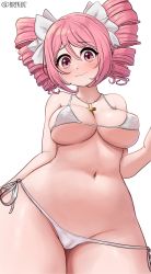 Rule 34 | 1girl, absurdres, artist name, bikini, blush, breasts, brikot, cameltoe, cleavage, cleft of venus, collarbone, covered erect nipples, cross, cross necklace, curvy, drill hair, hair ribbon, highres, jashin-chan dropkick, jewelry, large breasts, looking at viewer, micro bikini, navel, necklace, pink eyes, pink hair, pino (jashin-chan dropkick), ribbon, side-tie bikini bottom, simple background, smile, solo, stomach, swimsuit, thighs, twin drills, twintails, underboob, white background, white bikini, white ribbon, wide hips
