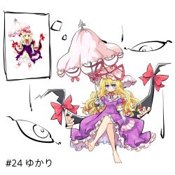 Rule 34 | 1girl, barefoot, blonde hair, bow, bright pupils, crossed legs, dress, elbow gloves, folding fan, frilled dress, frills, gap (touhou), gloves, hair bow, hand fan, hat, highres, long hair, looking at viewer, low-tied long hair, mob cap, neck ribbon, oversized hat, parasol, perfect cherry blossom, primsla, puffy short sleeves, puffy sleeves, purple dress, purple eyes, red bow, red ribbon, reference inset, ribbon, short sleeves, sitting, touhou, translated, umbrella, white gloves, white headwear, white pupils, yakumo yukari, zun (artist)