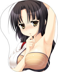Rule 34 | 10s, 1girl, arm between breasts, armpits, bandeau, between breasts, black hair, breast mousepad, breasts, hand on own chin, japanese clothes, kantai collection, katagiri chisato, large breasts, long hair, looking at viewer, mousepad, mousepad (medium), off shoulder, open mouth, personification, shouhou (kancolle), single bare shoulder, solo, white background, yellow eyes