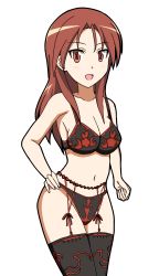 Rule 34 | 1girl, absurdres, blush, bra, breasts, brown eyes, brown hair, cleavage, garter belt, garter straps, highres, lingerie, looking at viewer, medium breasts, minna-dietlinde wilcke, navel, open mouth, panties, simple background, smile, solo, strike witches, underwear, white background, world witches series