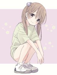 Rule 34 | 1girl, blush, brown eyes, brown hair, full body, green shirt, hair between eyes, hair bobbles, hair ornament, highres, knees up, long hair, looking at viewer, original, shirt, shoes, short sleeves, sitting, smile, sneakers, solo, squatting, star (symbol), starry background, striped background, t-shirt, twintails, waramugu, white footwear