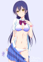 Rule 34 | 10s, 1girl, 2014, 3:, artist name, bikini, bikini under clothes, blue hair, bow, bowtie, bracelet, breasts, clearite, cleavage, clothes pull, cowboy shot, dated, earrings, hair between eyes, hairband, hand on own chest, jewelry, love live!, love live! school idol project, medium breasts, natsuiro egao de 1 2 jump!, navel, necklace, open clothes, open fly, open shirt, panties, plaid, plaid skirt, pleated skirt, school uniform, shirt, simple background, skirt, skirt pull, solo, sonoda umi, stomach, swimsuit, swimsuit under clothes, text focus, unbuttoned, underwear, unworn hairband, unzipped, yellow eyes