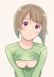 Rule 34 | 1girl, blush, bob cut, breasts, cleavage, cleavage cutout, clothing cutout, commentary request, green shirt, grey hair, highres, long sleeves, looking at viewer, love live!, love live! nijigasaki high school idol club, nakasu kasumi, parted lips, purple eyes, shirt, short hair, small breasts, solo, takahashi mugi, upper body, white background