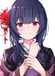 Rule 34 | 1girl, alisia0812, black kimono, blue hair, blush, closed mouth, commentary request, flower, hair flower, hair ornament, hand on own arm, hand on own chest, highres, idolmaster, idolmaster shiny colors, japanese clothes, kimono, long sleeves, looking at viewer, morino rinze, red eyes, red flower, short hair with long locks, sidelocks, smile, solo, tears, upper body