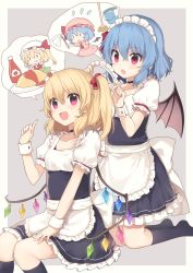 Rule 34 | &gt;:o, 2girls, :d, :o, :q, absurdres, alternate costume, apron, armband, ascot, bat wings, black socks, blonde hair, blue dress, blue hair, blush, bow, broom, bucket, chibi, collarbone, commentary request, detached wings, dress, duster, enmaided, flandre scarlet, flying sweatdrops, food, grey background, hair between eyes, hair bow, hat, hat bow, hat ribbon, highres, index finger raised, ketchup, kneehighs, kneeling, looking at another, looking at viewer, maid, maid headdress, mini person, minigirl, mob cap, multiple girls, neck ribbon, no headwear, omelet, omurice, open mouth, pink dress, plate, puffy short sleeves, puffy sleeves, red dress, remilia scarlet, ribbon, short hair, short sleeves, side ponytail, simple background, sitting, smile, socks, speech bubble, spoken character, tomato, tongue, tongue out, touhou, v-shaped eyebrows, waist apron, wings, wrist cuffs, yada (xxxadaman), | |