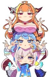 Rule 34 | 3girls, :&gt;, :3, ahoge, amane kanata, angel, angel wings, arms up, black bow, black hairband, black jacket, blonde hair, blue eyes, blue hair, blue ribbon, blunt bangs, blush, bow, bowtie, braid, breast rest, breasts, breasts on head, brooch, cleavage, cleavage cutout, closed mouth, clothing cutout, collared shirt, colored inner hair, commentary request, double v, doukyo&#039;s, dragon girl, dragon horns, dragon tail, dress, feathered wings, gem, gradient eyes, grey jacket, hair ornament, hairband, halo, head rest, highres, hololive, horn bow, horn ornament, horns, hoshimachi suisei, hoshimachi suisei (1st costume), human tower, jacket, jewelry, kiryu coco, kiryu coco (1st costume), large breasts, long hair, long sleeves, looking at viewer, multicolored bow, multicolored eyes, multicolored hair, multiple girls, neck ribbon, orange hair, plaid, plaid jacket, pointy ears, purple eyes, red eyes, ribbon, sakuramochi (sakura frappe), scales, shirt, short hair, side ponytail, silver hair, simple background, single braid, sleeves rolled up, smile, smirk, smug, stacking, star (symbol), star in eye, streaked hair, striped, sweatdrop, symbol in eye, tail, triangle mouth, turtleneck, upper body, v, virtual youtuber, white background, white bow, white shirt, wings
