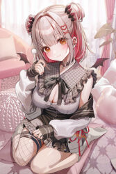 Rule 34 | 1girl, absurdres, black bow, black bowtie, bow, bowtie, breasts, cleavage, closed mouth, couch, curtains, ear piercing, highres, indie virtual youtuber, kudou (sikisiki0000), light brown hair, looking at viewer, mimikaki, multicolored hair, on pillow, piercing, red hair, smile, socks, suou patra, two-tone hair, virtual youtuber, white socks, window, yellow eyes