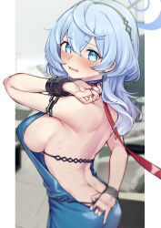 Rule 34 | 1girl, absurdres, ako (blue archive), ako (dress) (blue archive), ass, backless dress, backless outfit, bare shoulders, blue archive, blue dress, blue eyes, blue hair, blue halo, blurry edges, blush, breasts, broken, broken chain, butt crack, chain, clothes pull, commentary request, dress, dress pull, frown, hair between eyes, halo, highres, large breasts, leash, official alternate costume, revision, shennai misha, sideboob, simple background, sleeveless, sleeveless dress, solo, wrist cuffs