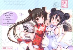 Rule 34 | 2girls, absurdres, ahoge, black hair, black legwear, blush, breast press, breasts, brown eyes, bug, butterfly, china dress, chinese clothes, cleavage, cleavage cutout, clothing cutout, detached collar, detached sleeves, double bun, dress, folding fan, garter straps, hair bun, hair ornament, hair ribbon, hair rings, hand fan, highres, holding, holding fan, holding hands, insect, long hair, looking at viewer, medium breasts, multiple girls, nib pen (object), no panties, open mouth, original, outside border, pelvic curtain, pen, red dress, red eyes, ribbon, scan, side slit, simple background, smile, sousouman, thighhighs, twintails, white dress, white legwear