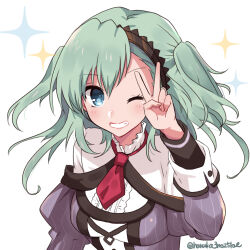 Rule 34 | 1girl, absurdres, black hairband, blue eyes, blush, commentary, eyelashes, floating hair, green hair, grin, hair between eyes, hairband, hand up, haruka3no25love, highres, long sleeves, looking at viewer, medium hair, minami miyu, necktie, otome domain, red necktie, school uniform, short necktie, simple background, smile, solo, sparkle, twitter username, two side up, upper body, v, white background