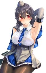 Rule 34 | 1girl, black gloves, black hair, black pantyhose, blue necktie, breasts, capelet, colorado (kancolle), dress, elbow gloves, garrison cap, gloves, grey dress, grey hat, hat, highres, kantai collection, large breasts, looking at viewer, miyako (rgrayt), necktie, open mouth, pantyhose, pleated dress, red eyes, shirt, short hair, simple background, sitting, sleeveless, solo, white background, white shirt, yamashiro (kancolle)