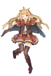 Rule 34 | 10s, 1girl, absurdres, blonde hair, blush, cagliostro (granblue fantasy), double v, granblue fantasy, highres, long hair, looking at viewer, one eye closed, open mouth, purple eyes, ruma imaginary, skirt, smile, solo, thighhighs, v