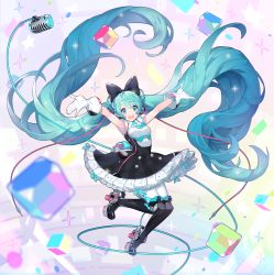 Rule 34 | 1girl, absurdly long hair, bad id, bad pixiv id, black footwear, black pantyhose, boots, bow, breasts, cable, dress, frilled skirt, frills, full body, gloves, green eyes, green hair, hair bow, hands up, hatsune miku, headset, high heel boots, high heels, highres, long hair, looking at viewer, magical mirai miku, magical mirai miku (2016), medium breasts, microphone, open mouth, outstretched arms, pantyhose, petticoat, print legwear, sadal, skirt, sleeveless, sleeveless dress, smile, solo, teeth, thigh boots, thighhighs, twintails, very long hair, vocaloid, white gloves, white thighhighs