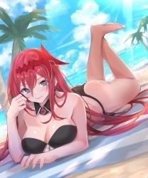 Rule 34 | 1girl, absurdres, ass, bare shoulders, barefoot, beach, beach towel, bikini, black ribbon, blue eyes, blue sky, blush, breasts, cleavage, closed mouth, cloud, collarbone, commentary request, day, detached collar, dutch angle, feet up, godsworn alexiel, granblue fantasy, hair between eyes, highres, horizon, large breasts, lens flare, long hair, looking at viewer, lying, ocean, on stomach, outdoors, palm tree, red hair, renzu (lens 02), ribbon, sand, side-tie bikini bottom, sky, solo, sunlight, swimsuit, towel, tree, very long hair