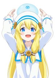 Rule 34 | 1girl, :d, arms up, beret, blonde hair, blue eyes, blush, collarbone, collared dress, commentary request, dbmaster, dress, elialia jamil, eliaria jamil, hair between eyes, hat, highres, kami-tachi ni hirowareta otoko, long hair, long sleeves, open mouth, simple background, slime (creature), smile, solo, very long hair, white background, white dress, white hat