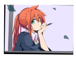 Rule 34 | 1girl, amano tora, earrings, green eyes, highres, kazenoko, long hair, orange hair, original, ponytail, simple background, solo