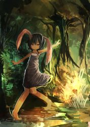Rule 34 | 1girl, absurdres, animal ears, barefoot, rabbit ears, dress, female focus, highres, inaba tewi, kaamin (mariarose753), nature, outdoors, short hair, smile, solo, touhou