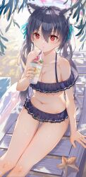 Rule 34 | 1542 700, 1girl, absurdres, animal ear fluff, animal ears, aqua ribbon, arm at side, bare shoulders, bikini, black bikini, black hair, blue archive, breasts, cat ears, cleavage, collarbone, colored eyelashes, commentary, cup, curvy, dappled sunlight, day, disposable cup, drinking straw, drinking straw in mouth, feet out of frame, frilled bikini, frills, hair between eyes, hair ribbon, halo, hand up, hashtag-only commentary, highres, holding, holding cup, light blush, long hair, looking at viewer, medium breasts, navel, off-shoulder bikini, off shoulder, outdoors, pink halo, red eyes, ribbon, serika (blue archive), serika (swimsuit) (blue archive), sitting, solo, sunlight, swimsuit, thigh gap, twintails, very long hair