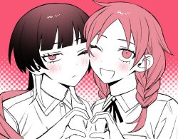 &gt;_o 2girls :d black_hair blunt_bangs blush braid cheek-to-cheek collared_shirt dress_shirt frown fujii_ayame futsuu_no_keion-bu halftone halftone_background heads_together heart heart_hands heart_hands_duo hotategaii jacket jitome looking_at_viewer mole mole_under_eye multicolored_hair multiple_girls neck_ribbon one_eye_closed open_mouth parted_bangs red_background red_eyes red_hair red_theme ribbon shirt smile symmetrical_pose twin_braids twintails two-tone_hair uchida_momo upper_body wolf_cut