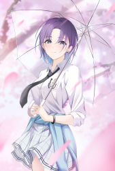 Rule 34 | 1girl, absurdres, asakura toru, blue hair, blurry, blurry background, blurry foreground, blush, breasts, cardigan, cardigan around waist, cherry blossoms, clothes around waist, depth of field, earrings, falling petals, gradient hair, highres, holding, holding umbrella, idolmaster, idolmaster shiny colors, jewelry, light smile, looking at viewer, loose necktie, medium breasts, multicolored hair, nail polish, necktie, open collar, own hands together, parted bangs, petals, plaid, plaid skirt, pleated skirt, purple hair, school uniform, skirt, sleeves rolled up, solo, transparent, transparent umbrella, umbrella, wristband, yuro (7 yuro)